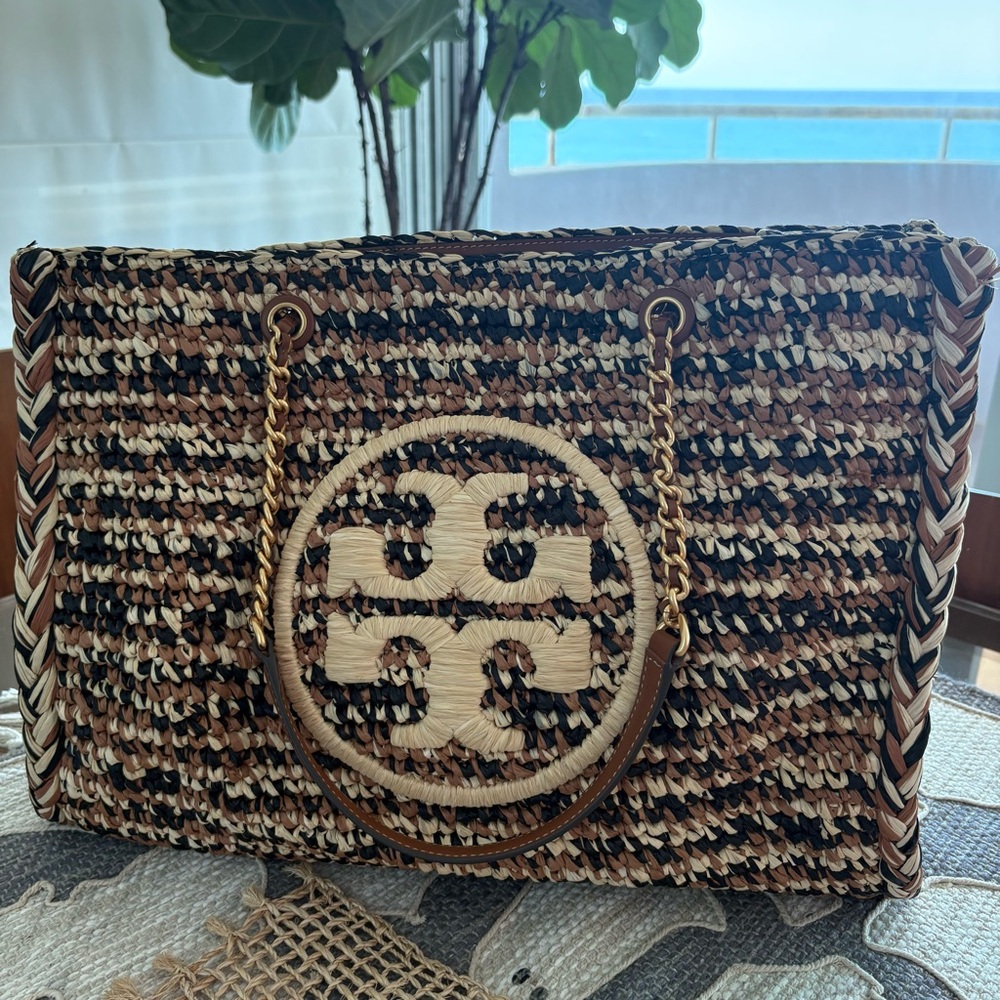 Tory Burch Ella Raffia Chain Handle Large Tote